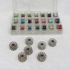 Vintage 28 Metal 10 Hole Bobbins In Box with Clear Plastic Case