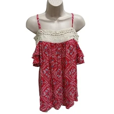 NOBO No Boundaries Red Blue Boho Off Shoulder Top Embroidered Accent Paisley EUC