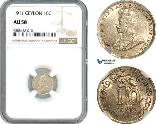 AJ575, Ceylon, George V, 10 Cents 1911, London Mint, Silver, NGC AU58