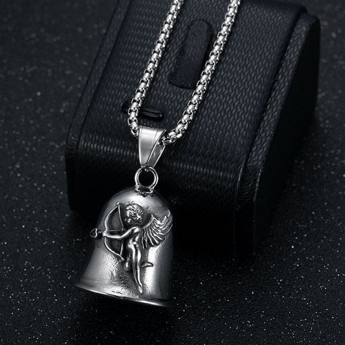 Biker Lucky Exorcism Bell Motorcycle Love Cupid Necklace Stainless Steel Men - Picture 4 of 9