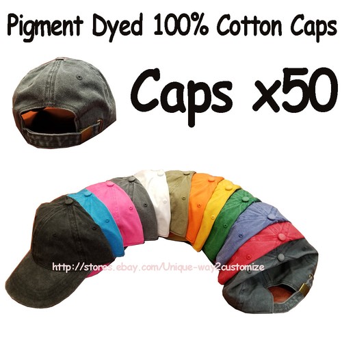 WHOLESALE LOT 50 Cotton Baseball caps hats Pigment Dyed Assorted Colors