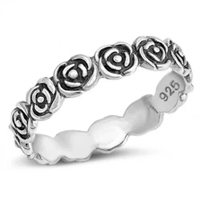 925 Sterling Silver Rose Flowers Design Mini Band Width 4mm Sizes 4-12