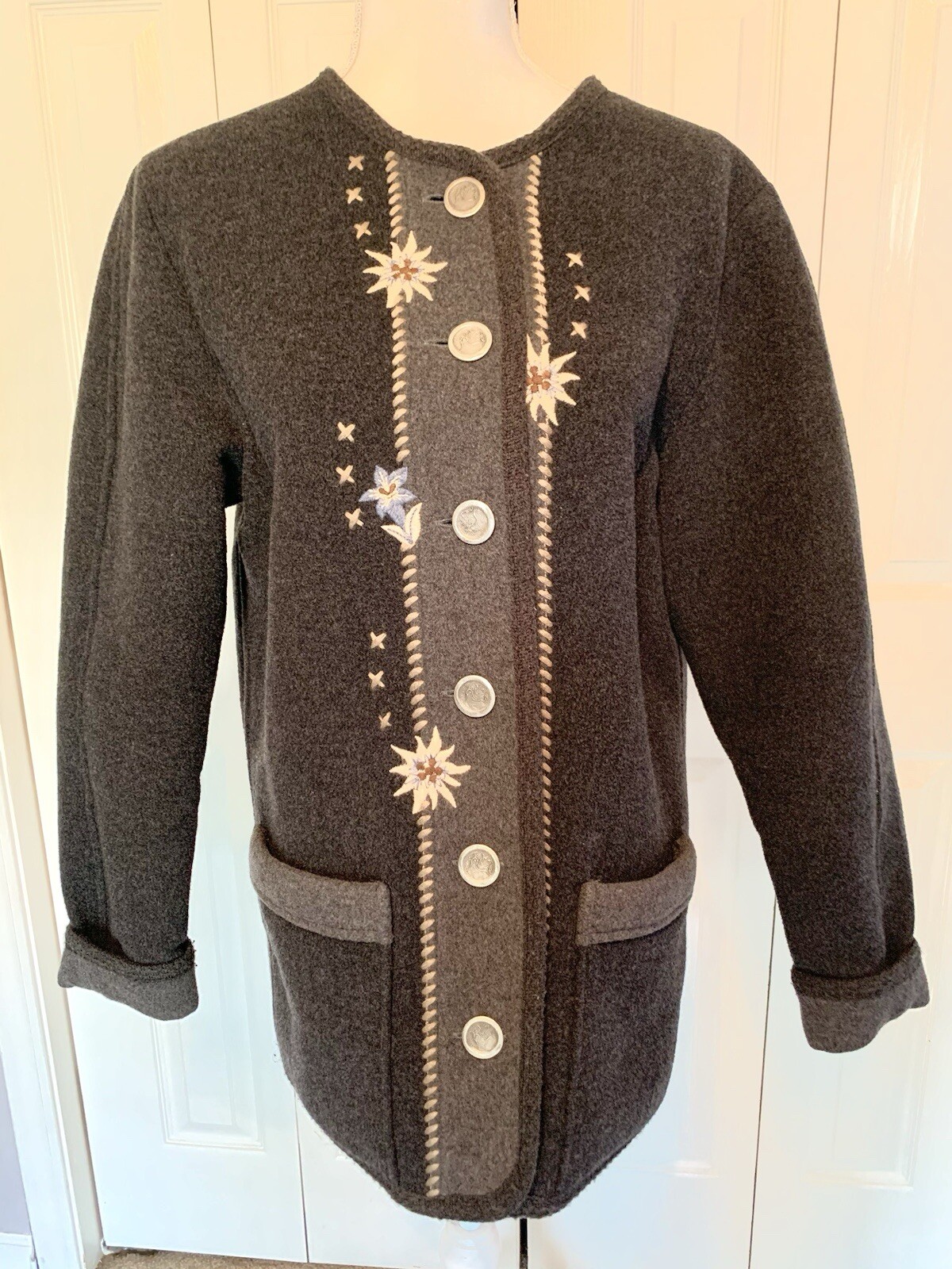 Dirndl Embroidered Coat Womens Size 6 Dark Grey Thick Wool Pockets Bavarian