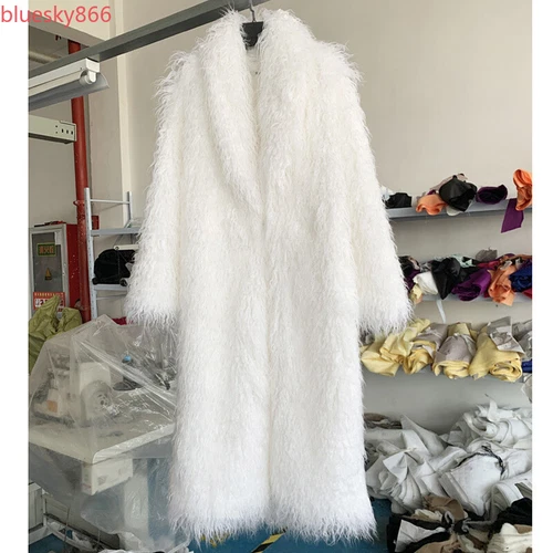 Women Fur Coat Long Overcoat Lapel Faux Lamb Fur Over Knee Length Winter Parkas - Picture 7 of 35