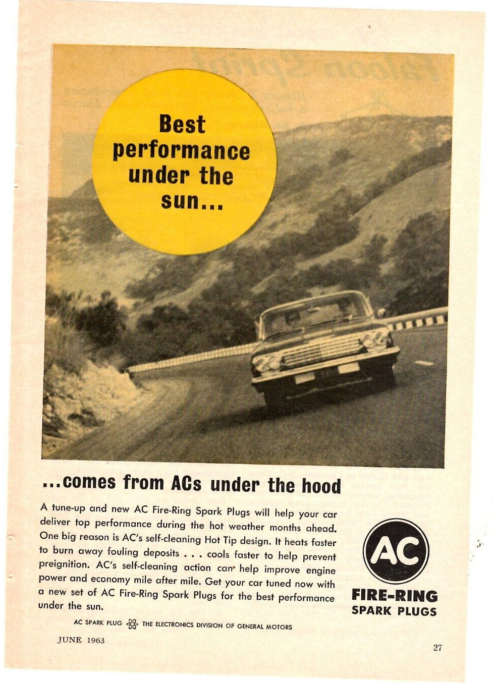 1963 Print Ad AC Fire-Ring Spark Plugs Best performance under the sun Tune up