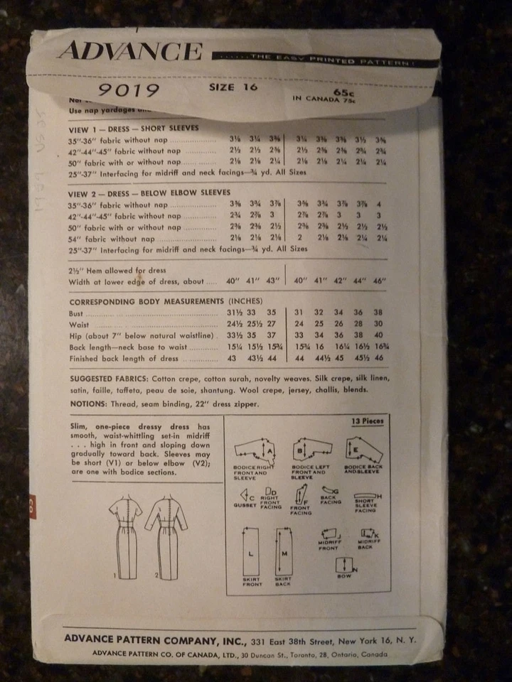 Advance 9019 Junior and Misses Dress Original 1959 Sewing Pattern size 16 Cut - Image 3 of 3