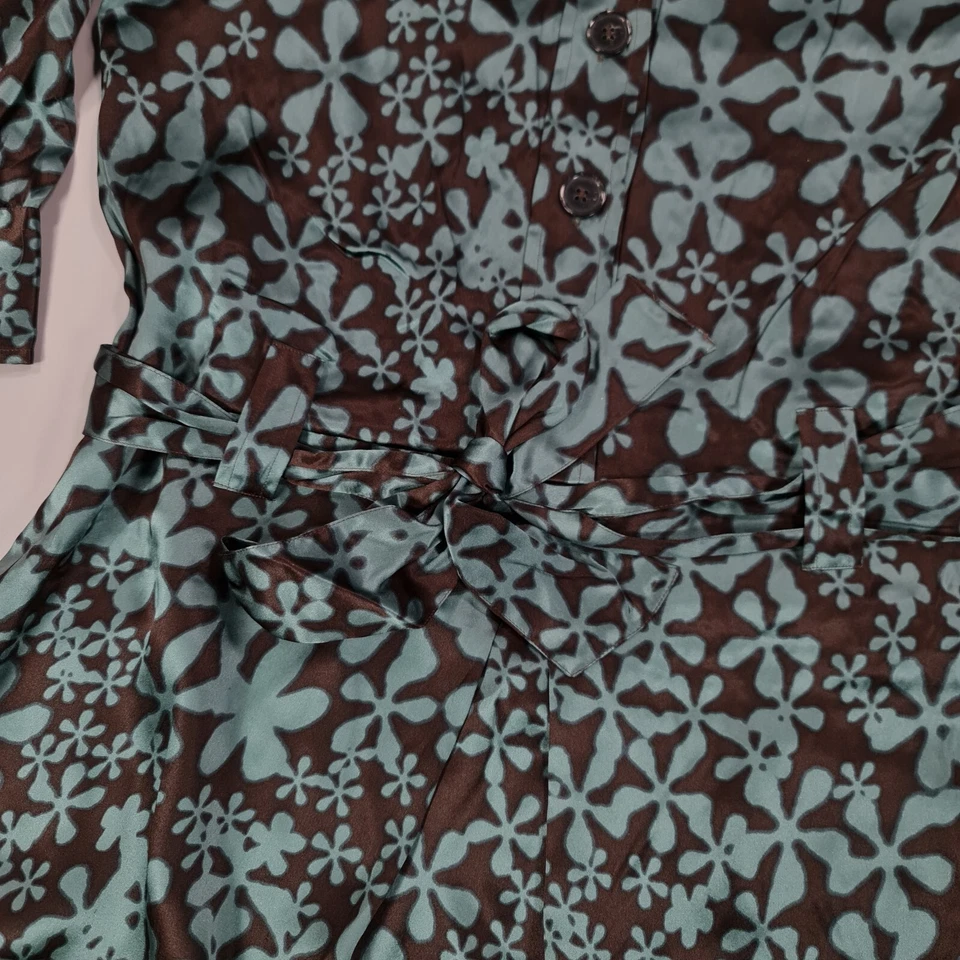 0039 Italia Mujer Camisa de Vestido Azul Grande Floral Satén Seda Hasta la Rodilla Foto 4 de 4