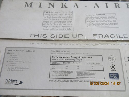 MINKA AIRE SUPRA 44 Model F562-WH 44" w/LIGHT, White, 5 Blades New In Box - Picture 8 of 8