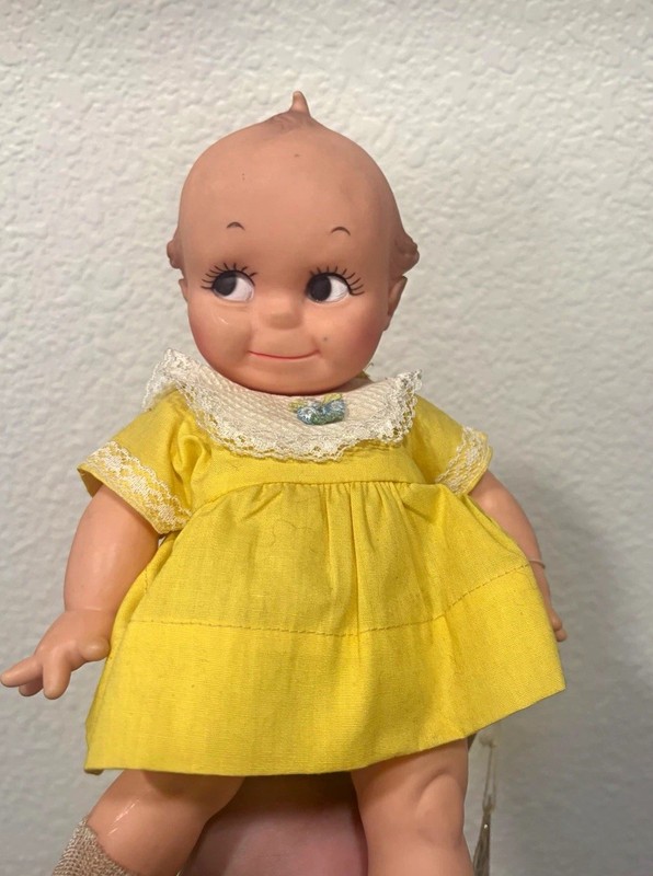 Kewpie Cameo Advertising Doll w/ Rose O’Neill Tag, Yellow/Beige Dress