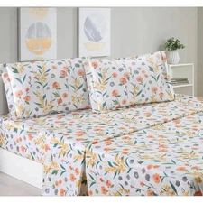 Estella Orange White Floral 100% Cotton Sheet Set with Pillowcase Twin XL