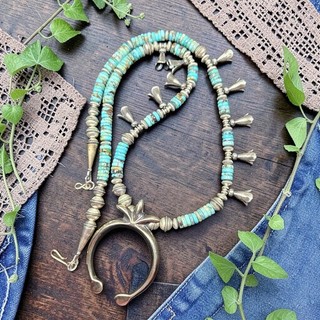 22" Sterling NAVAJO Pearl Kingman Turquoise Squash Blossom Necklace VTG Silver