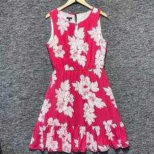Talbots Floral Flounce Hem Midi Dress Womens 10P Pink White Sleeveless Summer