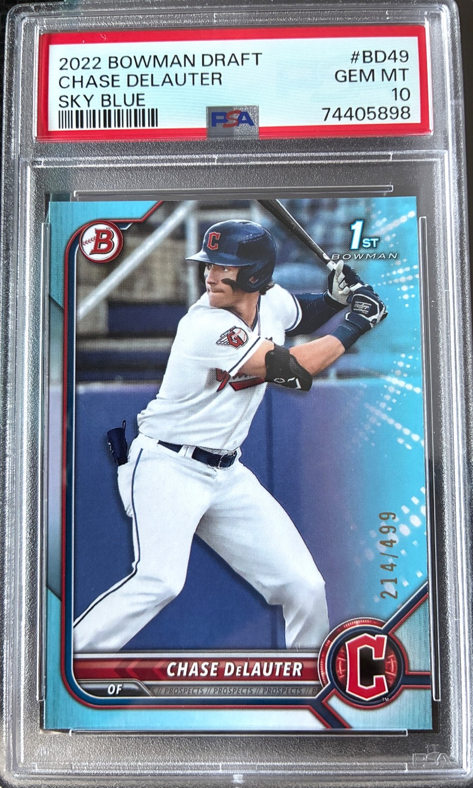 2022 Bowman Draft 1st Bowman #BD-49 CHASE DELAUTER Sky Blue SP /499 PSA 10 MINT