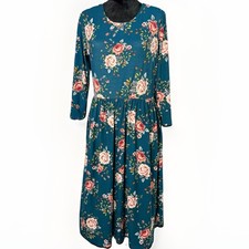 Blue Floral Midi Dress 3/4 Sleeve Cottagecore Drop Waist Size XL