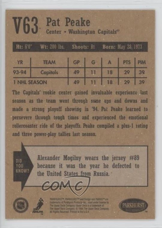 1994-95 Parkhurst Vintage Pat Peake #V63 - Image 2 of 2