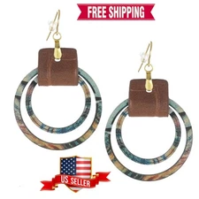 Rustic Boho Multi Blue Double Hoop Wood Statement Earrings, 18K Gold Ear Wires