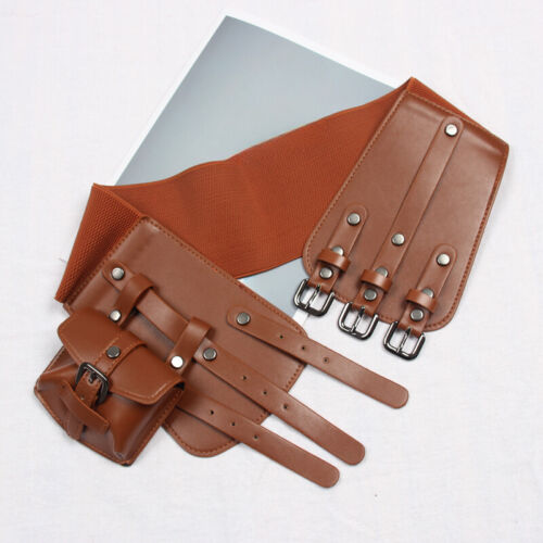 Lady Faux Leather Corset with Pocket Buckle Waist Belt Wide Waistband Punk Retro - Picture 8 of 17