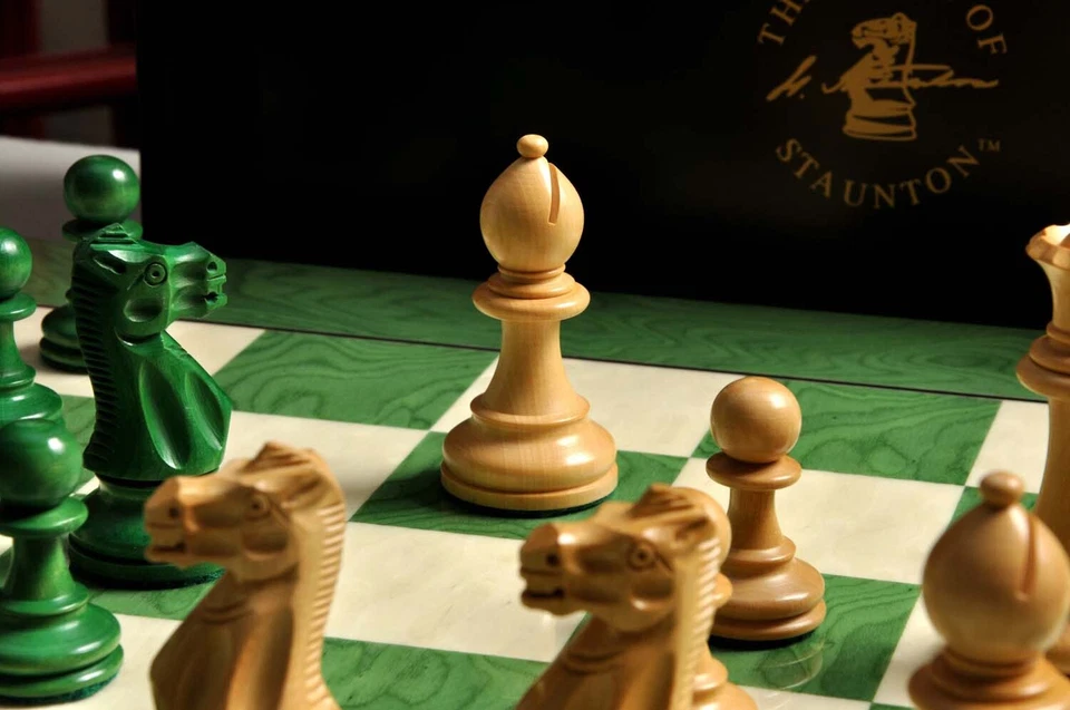 The Grandmaster Chess Set, Box, & Board Combination - 4" King - Green Gilded - Image 3 of 4