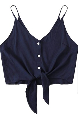 Make Me Chic Casual V Neck Button Down Front Tie Crop Cami Navy Blue Size XS