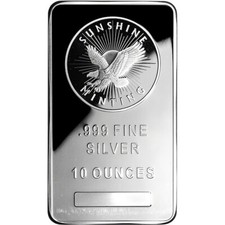 10 oz. Silver Bar - Sunshine Minting - .999 Fine 77.66 per troy oz