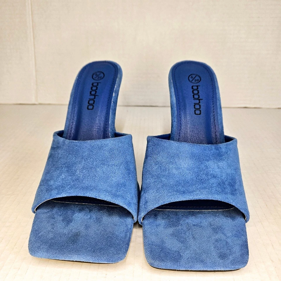 Mula Boohoo azul imitación gamuza punta cuadrada tacón sin cordones talla 6 UK/39EUR/8US Foto 2 de 4