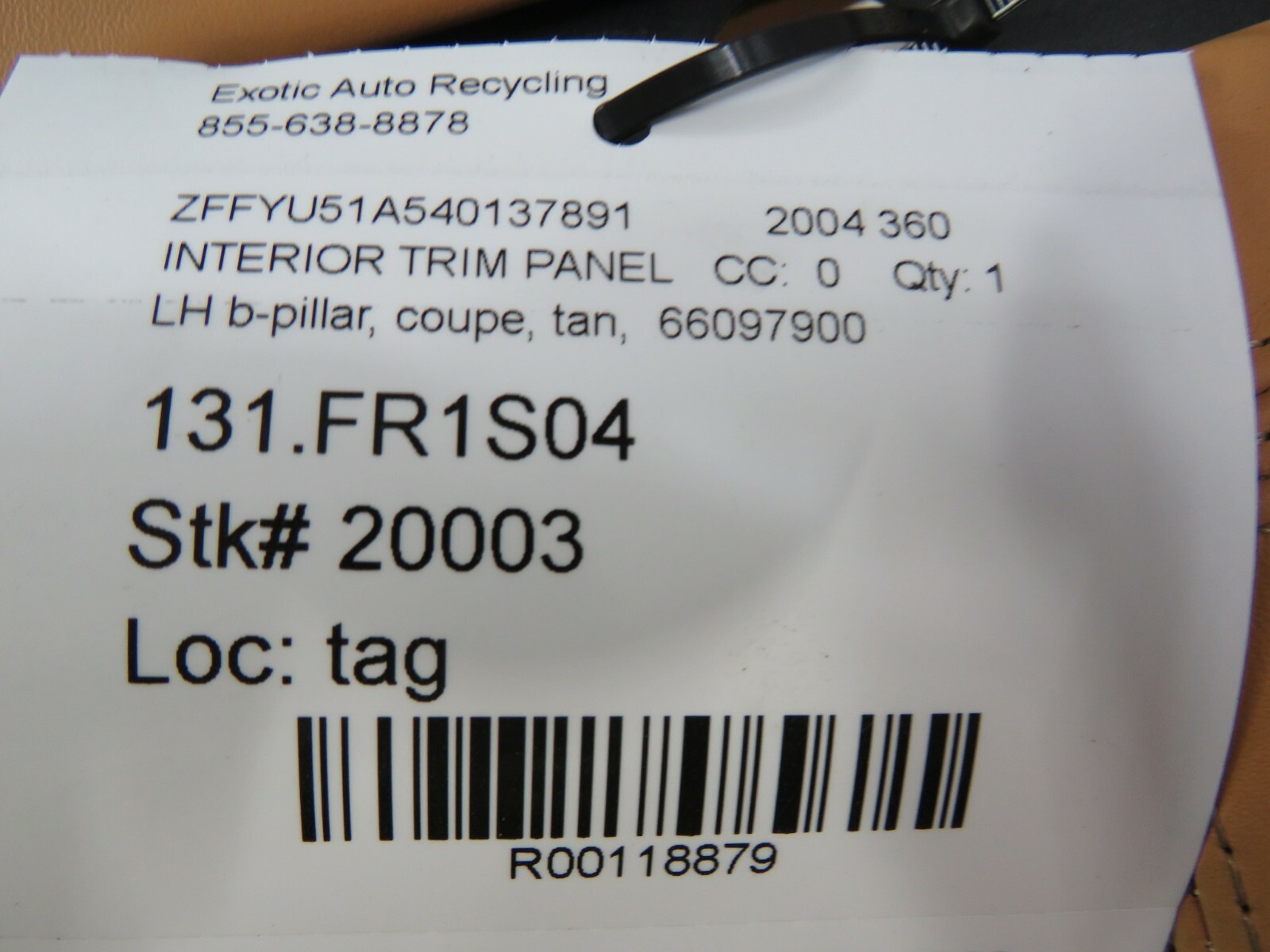 Ferrari 360, LH, Left B-Pillar Trim Panel, Tan, Used 66097900