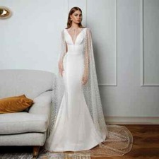 Simple Wedding Dresses Deep V Neck Sleeveless Bridal Gowns Glitter Tulle Cape
