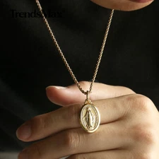 2mm Gold Plated Oval Virgin Mary Charm Pendant Necklace Box Chain Unisex Women