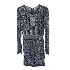 Windsor Dress Womens Medium Mini Rhinestone Short Black Long Sleeve Sheer Sexy 