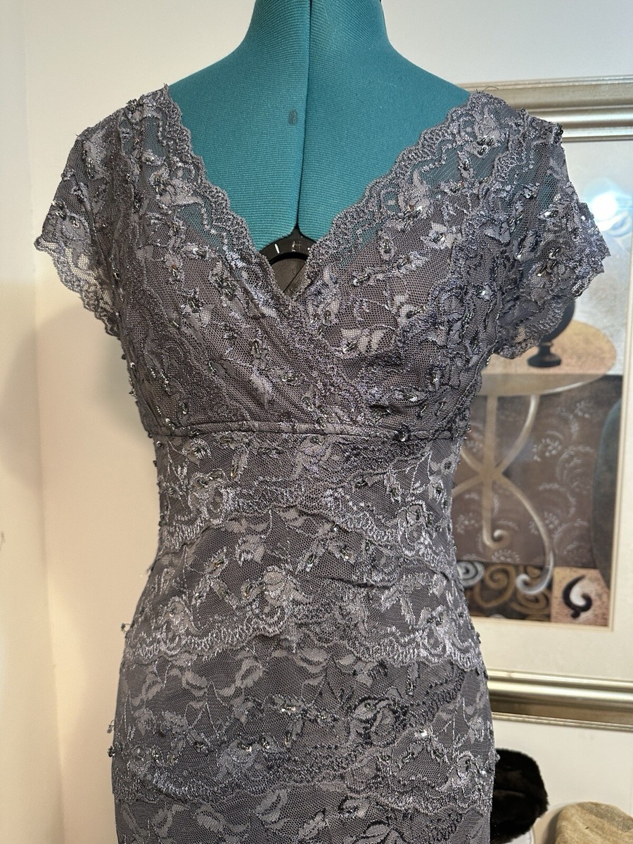 Marina Women's Silver Floral Lined Stretch Cap-Sleeve Lace Dress Size 6 |  eBay