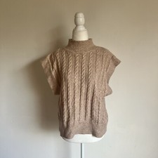 Cupcakes Cashmere Tan-Beige Mock Neck Cable Knit Sweater Vest