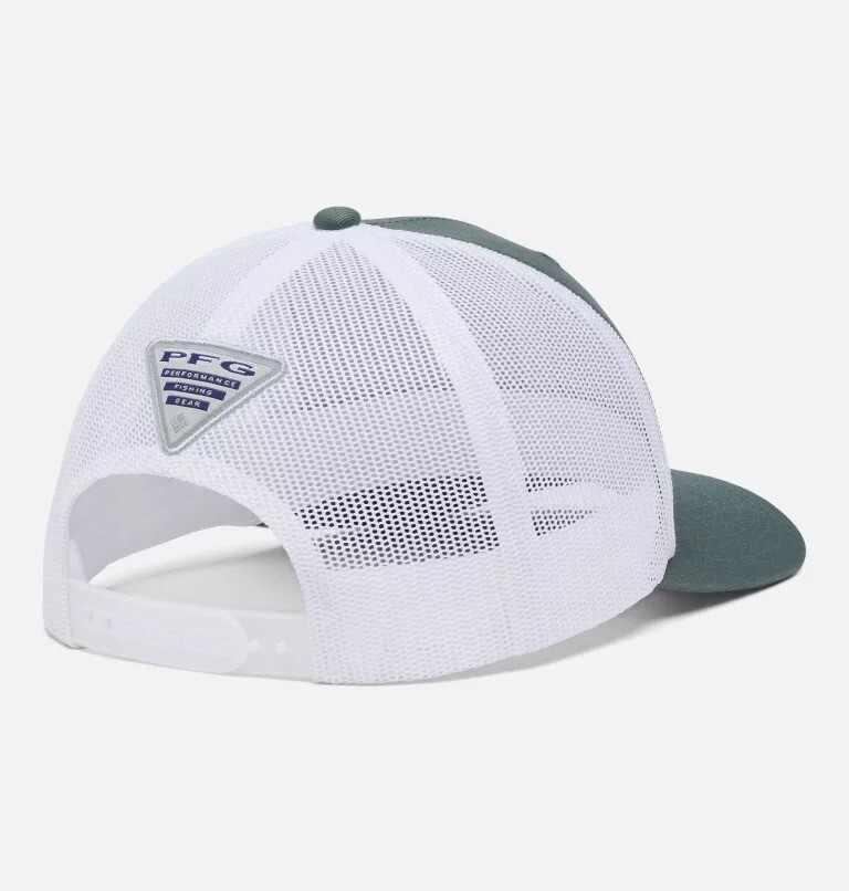 Columbia PFG BASS LOGO TRUCKER HAT CAP FISHING FISH GREEN WHITE MESH SNAPBACK