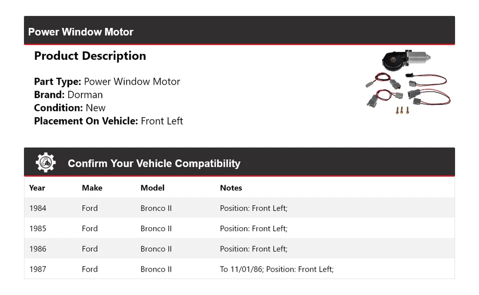 Para 1984-1987 Ford Bronco II Dorman motor de janela de energia dianteiro esquerdo 1985 1986 - Imagem 2 de 4