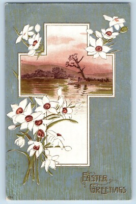 Easter Postcard Greeting Holy Cross And Flowers Embossed Oakesdale Washington WA