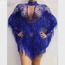 Women Long Sleeves Rhinestones Fringe Bodysuit Dance Singer Stage Wear Costume