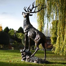 Life-Size Stag on Rock Garden Sculpture - Cast Aluminium Outdoor Ornament