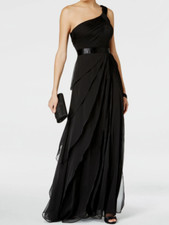 Adrianna Papell One-Shoulder Tiered Chiffon Gown Black 2