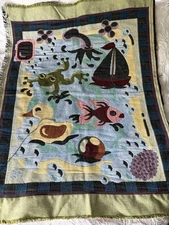 Vtg 90's Folk Art Wall Tapestry Throw Nursery Blanket Frog Duck Sailboat Fish