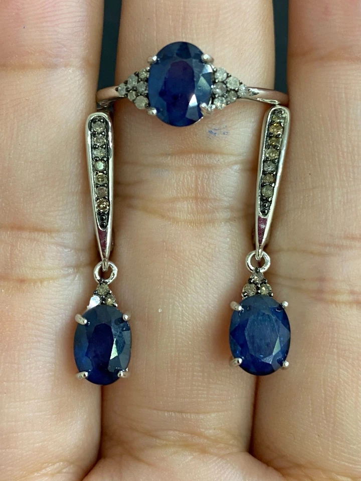 NATÜRLICHER SAPHIR 6X8 NATÜRLICHER DIAMANT STERLINGSILBER 925 RING OHRRING