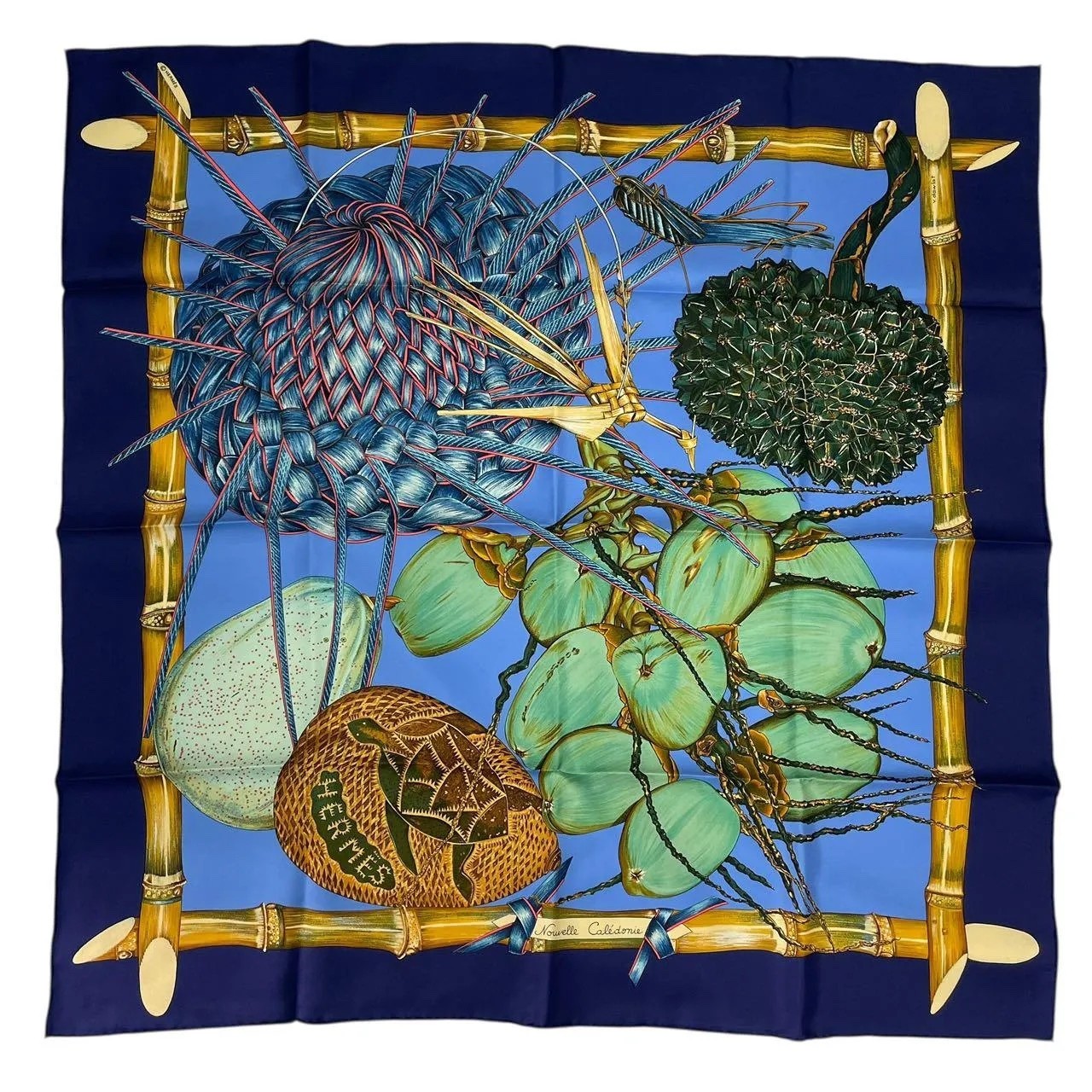 Authentic Hermès Carré 90 Silk Scarf “Jardin Créole” – Navy Multicolor –With Box