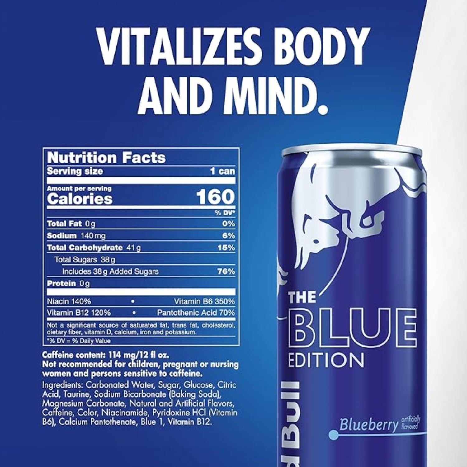 Red Bull Blue Edition Energy Drink, Blueberry, 80mg Caffeine, 12fl oz 24 Cans