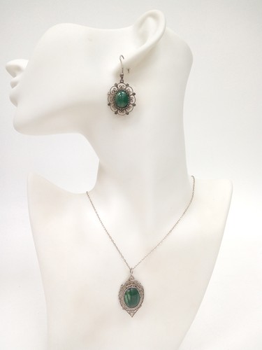 Sterling Silber 925 Halskette & Ohrring Set filigran grüner Stein Design 10,13 g