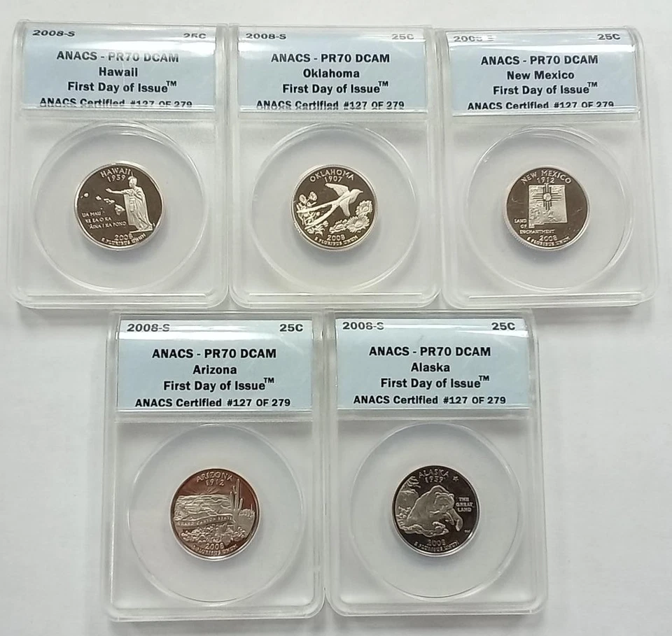 2008-S 5 Coin State Quarter 25c Proof Set ANACS PR70 DCAM First Day of Issue - Image 2 of 3