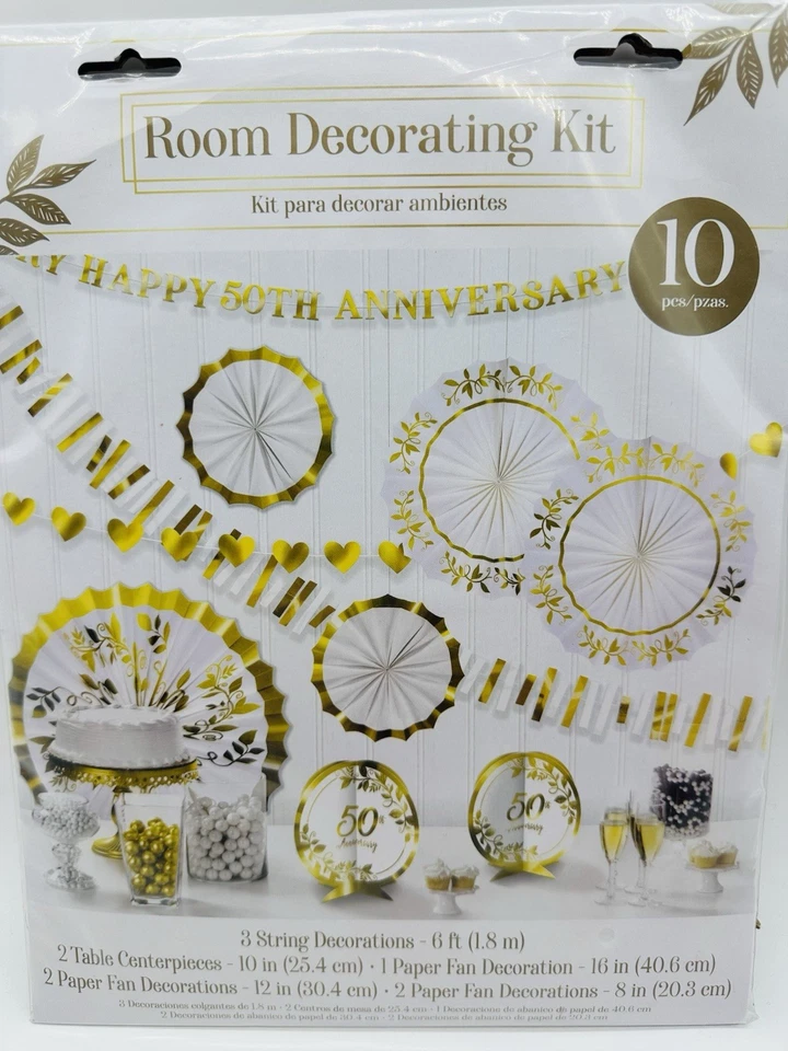 Feliz 50 Aniversario Dorado Blanco Boda Fiesta Habitación Decoración Kit 10 Piezas Foto 2 de 4