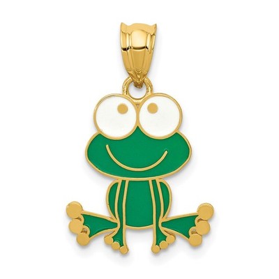 Halskette mit Anhänger 14 Karat Gelbgold grün und weiß emailliert Frosch Damen