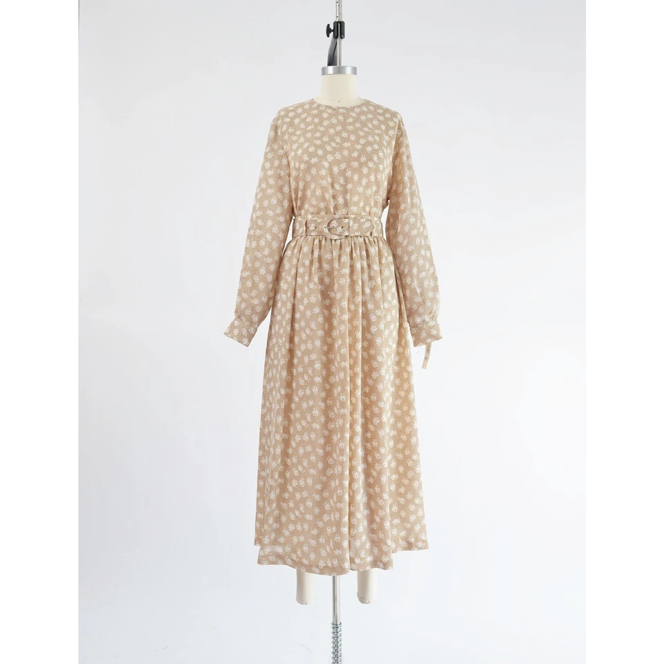 Conjunto de Blusa y Falda Floral Tostada Vintage Vestido Midi Plisado Completo Transparente con Cinturón S M Foto 2 de 4