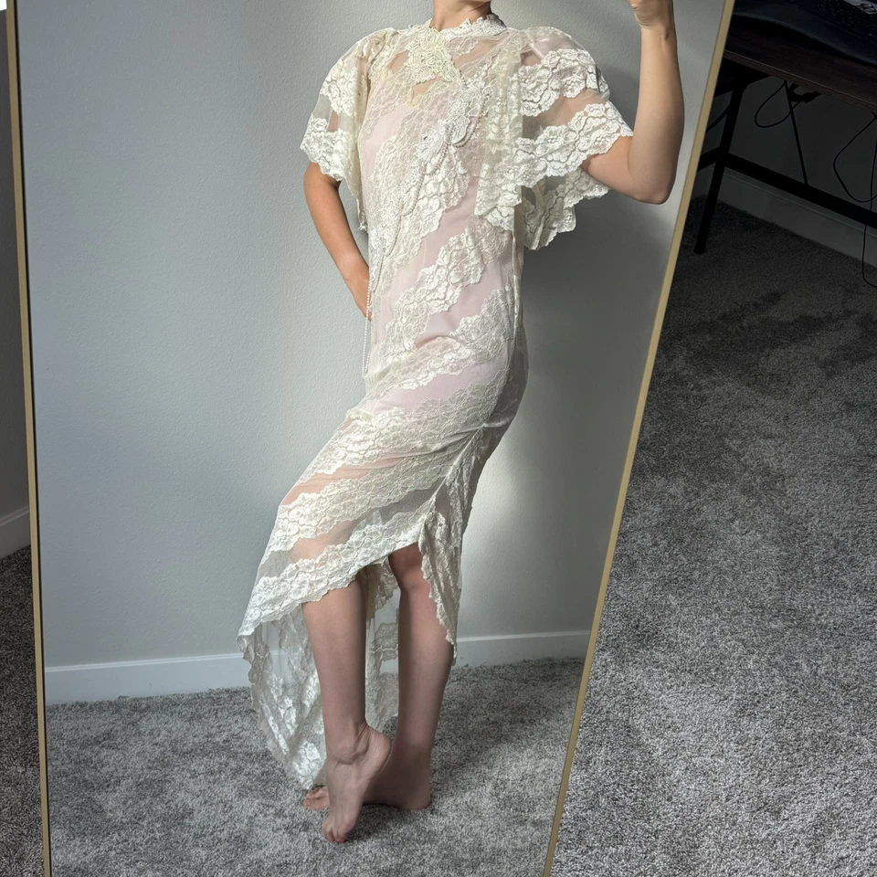 Vestido asimétrico vintage Lorrie Kabala de encaje talla 10 rosa sin cordones incluido Foto 4 de 4