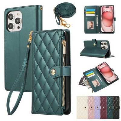 Flip Grid Leather Wallet Lanyard Cover Case For 17 16 15 14 13 12 11 XR 7 8 SE