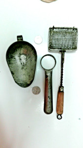 1940's Hand Held metal mesh strainer basket & Scoop & corer