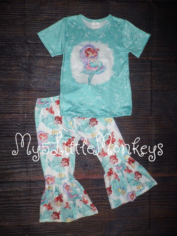 NEW Ariel Little Mermaid Boutique Girls Bell Bottoms Outfit Set 7-8
